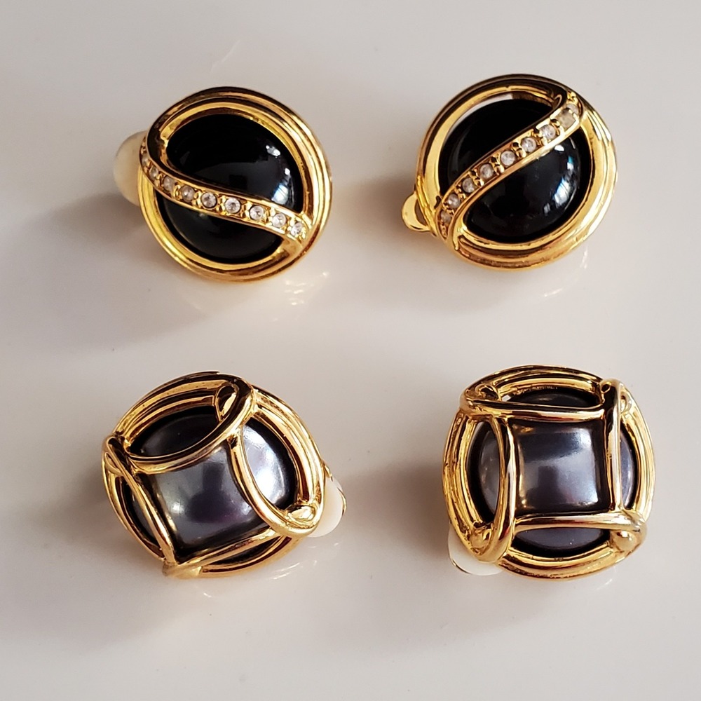 VTG Joan Rivers Gold Tone Caged Convertible Earrings Black & Gray 2 Pair Clip-On